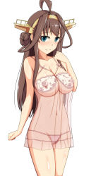Rule 34 | 10s, 1girl, babydoll, bad id, bad pixiv id, blush, breasts, brown hair, cleavage, covered erect nipples, full-face blush, hairband, highres, kantai collection, kongou (kancolle), large breasts, lingerie, long hair, navel, negligee, nipples, personification, see-through, shigure ryuunosuke, shiny skin, simple background, smile, solo, underwear, white background