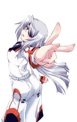 Rule 34 | 10s, 1girl, ass, blush, breasts, eyepatch, fingernails, from behind, infinite stratos, laura bodewig, long fingernails, long hair, looking at viewer, looking back, military, military uniform, open mouth, pants, red eyes, silver hair, simple background, solo, uniform, very long hair, white background, yamanashi kaname