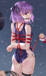 Rule 34 | 1girl, 2boys, absurdres, arms behind back, ass, ball gag, bdsm, bondage, bound, breasts, crotch rope, crotch rope pull, crying, fate/grand order, fate (series), from behind, gag, ginklaga, hair ornament, helena blavatsky (fate), highres, looking at another, looking back, multiple boys, one-piece swimsuit, outdoors, pink eyes, pink hair, pussy juice, red rope, remote control vibrator, rope, saliva, sex toy, short hair, small breasts, snow, standing, swimsuit, thigh strap, vibrator, vibrator in thigh strap, whip, whip marks