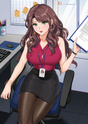 Rule 34 | 1girl, alternate costume, alternate universe, blouse, breasts, brown hair, brown pantyhose, chair, chungmechanic, clipboard, contemporary, desk, dorothea arnault, earrings, fire emblem, fire emblem: three houses, green eyes, highres, id card, jewelry, keyboard, large breasts, long hair, looking at viewer, mouse (computer), nail polish, nintendo, office lady, open mouth, pantyhose, pencil skirt, red shirt, shirt, skirt, sleeveless, sleeveless shirt, solo, tagme, taut clothes, taut shirt