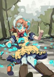 Rule 34 | 1girl, amputee, blue eyes, boots, bow, bowtie, brown footwear, brown hair, bullet hole, cube, cube hair ornament, dress, feet out of frame, hair ornament, hat, highres, looking at viewer, lying, maid, medium dress, mixed-language commentary, on back, original, pantyhose, pointing, puffy short sleeves, puffy sleeves, red bow, red bowtie, short sleeves, tail, vanillaklein, white hat, white pantyhose