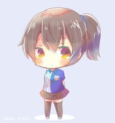 Rule 34 | 1girl, arms behind back, black skirt, black thighhighs, blue background, blue shirt, blush, brown eyes, brown hair, chibi, closed mouth, collared shirt, commentary request, employee uniform, full body, hair between eyes, kaga (kancolle), kantai collection, kou hiyoyo, lawson, looking at viewer, one side up, pleated skirt, shirt, short hair, side ponytail, sidelocks, skirt, solo, standing, striped clothes, striped shirt, thighhighs, twitter username, uniform, vertical stripes