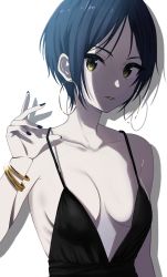 Rule 34 | 1girl, absurdres, black dress, black nails, blue hair, breasts, cleavage, collarbone, dress, earrings, evening gown, green eyes, hayami kanade, highres, idolmaster, idolmaster cinderella girls, jewelry, looking at viewer, medium breasts, nail polish, o-ring, parted bangs, parted lips, short hair, sideboob, simple background, sleeveless, sleeveless dress, solo, upper body, vivid (key), white background