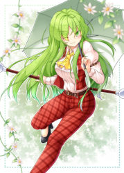 Rule 34 | 1girl, ;), aka tawashi, ascot, belt, black footwear, blurry, blush, breasts, cane, commentary request, english text, eyes visible through hair, feet out of frame, flower, green eyes, green hair, hair between eyes, high-waist pants, high heels, highres, holding, holding umbrella, juliet sleeves, kazami yuuka, kazami yuuka (pc-98), large breasts, leg up, long hair, long sleeves, looking at viewer, one eye closed, outline, pants, plaid, plaid pants, plaid vest, pocket, puffy sleeves, red pants, red vest, shirt, sidelocks, sleeve garter, smile, solo, thighs, touhou, touhou (pc-98), umbrella, very long hair, vest, white flower, white outline, white shirt, wing collar, yellow ascot