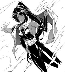 Rule 34 | 1girl, arm up, bare shoulders, black hair, bleach, breasts, dark-skinned female, dark skin, elbow gloves, female focus, gloves, hand on own hip, high ponytail, jacket, long hair, looking at viewer, monochrome, removing jacket, scarf, shihouin yoruichi, sideboob, slit pupils, smile, solo, standing, thighs, undressing, very long hair