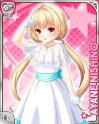 Rule 34 | 1girl, anniversary, beads, blonde hair, blue bow, bow, card, character name, dress, girlfriend (kari), gloves, headband, nishino ayane, official art, open mouth, pink background, qp:flapper, red eyes, standing, tagme, twintails, white dress, white gloves