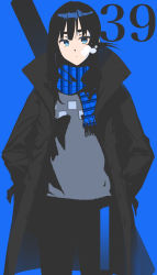Rule 34 | 1girl, absurdres, black coat, black hair, blue background, blue eyes, blue scarf, blue theme, breath, coat, hands in pockets, highres, long hair, open clothes, open coat, original, parted lips, plaid, plaid scarf, scarf, shadow, silhouette, simple background, solo, standing, xkirara39x