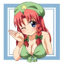 Rule 34 | 1girl, bad id, bad pixiv id, bare shoulders, bikini, blue eyes, blush, bow, braid, breasts, cleavage, female focus, front-tie top, green bikini, hair bow, hat, hong meiling, large breasts, long hair, one eye closed, outside border, red hair, sideboob, smile, solo, star (symbol), suppy, swimsuit, touhou, twin braids, upper body, wink