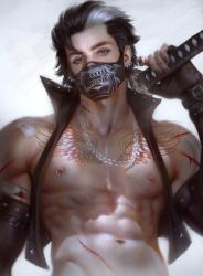 Rule 34 | 1boy, abs, bare pectorals, black gloves, black hair, black nails, blood, brown eyes, chain, chain necklace, chest tattoo, covered mouth, cropped jacket, cuts, earrings, elbow gloves, eyeshadow, fingerless gloves, gloves, holding, holding sword, holding weapon, injury, jacket, jewelry, looking at viewer, makeup, male focus, mask, messy hair, mouth mask, multicolored hair, multiple earrings, nail polish, navel, necklace, nipples, open clothes, open jacket, original, pectorals, short hair, simple background, sleeveless, sleeveless jacket, solo, sword, sword behind back, tattoo, toned, toned male, two-tone hair, upper body, weapon, white hair, zeilyanart
