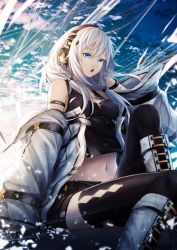Rule 34 | 1girl, bare shoulders, black thighhighs, blue eyes, breasts, cloud, cloudy sky, commentary request, detached sleeves, headphones, highres, long hair, medium breasts, navel, open mouth, original, sky, solo, sugi 214, thighhighs, white hair, wind