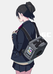 Rule 34 | 1girl, absurdres, back, backpack, bag, beige sweater, black hair, blazer, blue background, blush, book, cable, commentary request, cowboy shot, fami (yellow skies), game console, gamecube, gamecube controller, grey backpack, highres, holding, holding bag, in pocket, jacket, kirby, kirby (series), kirby air ride, long hair, neck ribbon, nintendo, original, pink ribbon, pleated skirt, ponytail, ribbon, school uniform, simple background, skirt, sleeves past wrists, solo, sweater