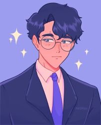 Rule 34 | 1boy, closed mouth, formal, glasses, haikyuu!!, highres, looking to the side, male focus, necktie, purple background, purple necktie, ruedrops, sakusa kiyoomi, simple background, solo, sparkle, sparkle background, suit