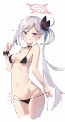 Rule 34 | 1girl, :q, bikini, bikini pull, black bikini, black choker, black scrunchie, blue archive, blush, breasts, choker, clothes pull, commentary request, cropped legs, groin, hair ornament, halo, harenchi, highres, long hair, looking at viewer, lowleg, mutsuki (blue archive), ponytail, purple eyes, scrunchie, side-tie bikini bottom, side ponytail, silver hair, simple background, small breasts, solo, swimsuit, tongue, tongue out, white background, wrist scrunchie
