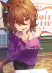 Rule 34 | 1girl, agnes tachyon (umamusume), ahoge, animal ears, bare shoulders, black pants, blurry, blurry background, botantouki, breasts, brown hair, classroom, commentary request, cowboy shot, earrings, hair between eyes, happy birthday, highres, horse ears, horse girl, horse tail, indoors, jewelry, medium breasts, medium hair, messy hair, open mouth, pants, purple sweater, red eyes, single earring, smile, solo, sweater, tail, umamusume, wooden floor