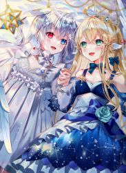 Rule 34 | 2girls, ahoge, bird, blonde hair, blue eyes, blurry, blush, bow, bow choker, breasts, cowboy shot, crossed bangs, depth of field, dress, flower, frilled dress, frills, galaxy, green eyes, green flower, green rose, halo, heterochromia, highres, holding hands, lace, layered dress, lens flare, long hair, looking at another, multiple girls, off-shoulder dress, off shoulder, open mouth, original, red eyes, rose, samo cha, small breasts, smile, star (symbol), straight hair, tiara, twintails, two-tone dress, wavy hair, white bird, white dress, wing ears