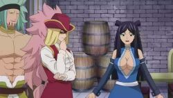 animated anime_screenshot black_hair breasts cleavage fairy_tail highres indoors interior large_breasts long_hair minerva_orlando tagme video