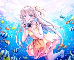 Rule 34 | 1girl, :d, air bubble, bare shoulders, barefoot, blue eyes, blush, bubble, butterflyfish, camera, clownfish, dress, eyelashes, fingernails, fish, frilled dress, frills, grey hair, hair between eyes, hair ornament, hair ribbon, hands up, highres, holding, holding camera, long hair, looking at viewer, nail polish, one side up, open mouth, original, resolution mismatch, ribbon, sidelocks, sleeveless, sleeveless dress, smile, solo, source smaller, ssum (ehf dustk), sundress, teeth, tropical fish, underwater, upper teeth only, very long hair, water, yellow dress, yellow nails, yellow ribbon