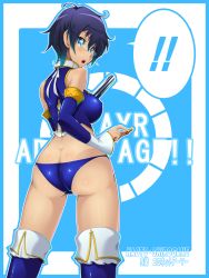 Rule 34 | !, !!, 1girl, :o, ass, atlus, bare shoulders, black hair, blue eyes, blush, boots, border, breasts, butt crack, character name, covered erect nipples, detached sleeves, from behind, glasses, high-cut armor (persona), highres, huge ass, looking back, outline, persona, persona 4, persona 4 the golden, shirogane naoto, short hair, skin tight, solo, speech bubble, taru neko