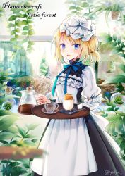 Rule 34 | 1girl, apron, black dress, blonde hair, blouse, blue eyes, blush, bow, commentary request, cup, dress, drinking glass, english text, frilled apron, frills, hat, highres, holding, holding tray, jug (bottle), layered sleeves, light bulb, long sleeves, looking at viewer, mob cap, nyanya, open mouth, original, pleated dress, puffy short sleeves, puffy sleeves, saucer, shirt, short over long sleeves, short sleeves, sleeveless, sleeveless dress, smile, solo, teacup, transparent, tray, twitter username, white apron, white bow, white hat, white shirt