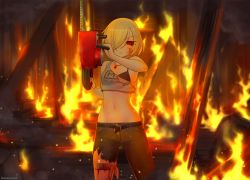 Rule 34 | 1girl, :&lt;, bandaged leg, bandages, bare shoulders, belt, black bra, blonde hair, blood, blood on face, bra, burning, chainsaw, commentary, crop top, embers, eyes visible through hair, fire, gluteal fold, hair over one eye, holding, injury, jewelry, kuroonehalf, looking at viewer, midriff, navel, open belt, original, pants, pendant, red eyes, serious, short hair, smoke, solo, tank top, torn clothes, underwear, wood