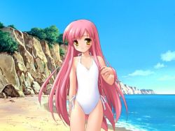 Rule 34 | 1girl, adjusting hair, beach, blush, casual one-piece swimsuit, cliff, cloud, day, flat chest, game cg, gayarou, halterneck, kousaka alice, long hair, ocean, one-piece swimsuit, outdoors, parted bangs, pink hair, ribbon, sky, smile, solo, standing, suigetsu, swimsuit, thigh gap, very long hair, water, white one-piece swimsuit, yellow eyes