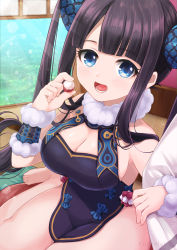Rule 34 | 1girl, absurdres, bare shoulders, black dress, blue eyes, blunt bangs, blush, breasts, china dress, chinese clothes, cleavage, detached sleeves, dress, eating, fate/grand order, fate (series), hair ornament, highres, large breasts, long hair, looking at viewer, lychee, open mouth, pika mouse, purple hair, short dress, side slit, sidelocks, sitting, twintails, very long hair, wariza, yang guifei (fate), yang guifei (second ascension) (fate)