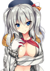 Rule 34 | 10s, 1girl, beret, blue eyes, breast rest, breasts, collarbone, epaulettes, frilled sleeves, frills, gloves, grey shirt, hair between eyes, hat, jacket, kantai collection, kashima (kancolle), kerchief, large breasts, looking at viewer, military, military uniform, no bra, open clothes, open shirt, ryokushiki (midori-ya), shirt, sidelocks, silver hair, simple background, smile, solo, tsurime, twintails, uniform, wavy hair, white background, white gloves