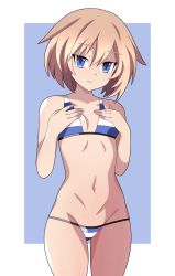 Rule 34 | 1girl, absurdres, abysswatchers, alternate costume, bare shoulders, bikini, blanc (neptunia), blue eyes, breasts, brown hair, closed mouth, commentary, commission, cowboy shot, english commentary, expressionless, eyes visible through hair, grabbing own breast, hair between eyes, highres, looking at viewer, navel, neptune (series), no headwear, no headwear, short hair, small breasts, solo, standing, swimsuit