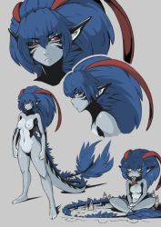 Rule 34 | 1girl, blue hair, breasts, character sheet, eating, facial mark, female focus, fish, hushabye, indian style, monster girl, multicolored hair, navel, original, pointy ears, red eyes, simple background, sitting, standing, tail