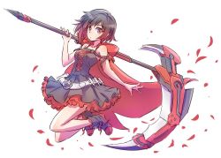 Rule 34 | 1girl, adapted costume, bandolier, black dress, cape, commentary request, corset, crescent rose, dress, full body, iesupa, petals, ruby rose, rwby, scythe, sleeveless, solo