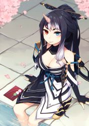 Rule 34 | 1girl, bad id, bad twitter id, bare shoulders, black hair, breasts, cherry blossoms, cleavage, dango, food, gloves, hanami, heterochromia, horns, japanese clothes, long hair, looking at viewer, mouth hold, multicolored hair, muryotaro, partially fingerless gloves, phantasy star, phantasy star online 2, ponytail, sanshoku dango, single horn, sitting, skewer, smile, soaking feet, solo, sukunahime, very long hair, wagashi, water, white hair