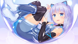 Rule 34 | 1girl, animal ears, black thighhighs, blue eyes, blue hair, bodysuit, cat ears, detached collar, drawing tablet, dress, gloves, highres, holding, holding stylus, in bubble, indie virtual youtuber, latex, latex bodysuit, latex dress, latex gloves, latex thighhighs, light blue hair, long hair, looking at viewer, mitsuki awano, naka (cheeseyeast), original, see-through, see-through bodysuit, shiny clothes, skin tight, smile, solo, stylus, tablet pc, thighhighs, virtual youtuber