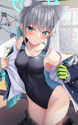 Rule 34 | 1girl, animal ear fluff, animal ears, bad id, bad twitter id, blue archive, blush, breasts, cleavage, competition swimsuit, covered navel, cowboy shot, cross hair ornament, gloves, green gloves, hair ornament, halo, highleg, highleg swimsuit, highres, indoors, komori kuzuyu, looking at viewer, medium breasts, mismatched pupils, one-piece swimsuit, open clothes, plaid, plaid skirt, school uniform, shiroko (blue archive), shiroko (swimsuit) (blue archive), sidelocks, single glove, skirt, solo, standing, sweatdrop, swimsuit, two-tone swimsuit, undressing, window
