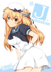 Rule 34 | 1girl, blue sailor collar, breasts, brown eyes, character name, cosplay, cowboy shot, dress, fukaiton, gloves, hat, highres, jervis (kancolle), jervis (kancolle) (cosplay), johnston (kancolle), kantai collection, leaning forward, light brown hair, long hair, medium breasts, puffy short sleeves, puffy sleeves, sailor collar, sailor dress, sailor hat, short sleeves, solo, standing, two side up, white gloves, white hat