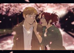 Rule 34 | 1boy, 1other, aquiline nose, brown eyes, brown hair, brown jacket, cherry blossoms, chromatic aberration, commentary request, frown, glasses, hange zoe, hanpetos, jacket, moblit berner, one eye closed, petals, ponytail, shingeki no kyojin, smile