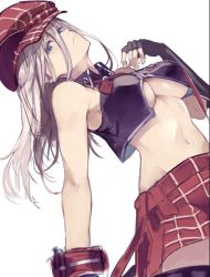 Rule 34 | 1girl, bare shoulders, blue eyes, breasts, cleavage, dutch angle, fingerless gloves, gloves, grey hair, highres, looking at viewer, navel, red skirt, skirt, solo, takena-c, underboob, white background