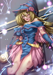 Rule 34 | 1girl, bare shoulders, bleeding, blonde hair, blood, blood on arm, blood on face, blood on leg, blue dress, blue footwear, blue gloves, blue hat, blush stickers, boots, breasts, capelet, choker, cleavage, commentary request, cowboy shot, cuts, dark magician girl, defeat, dress, duel monster, electricity, fingerless gloves, gloves, green eyes, groin, hair between eyes, hat, highres, holding, holding wand, injury, large breasts, long hair, looking at viewer, lying, on back, one eye closed, open mouth, pentacle, pentagram, pink capelet, ryona, shadow, sidelocks, solo, strapless, strapless dress, sweat, takecha, teeth, torn capelet, torn clothes, torn dress, upper teeth only, v, wand, wizard hat, yu-gi-oh!