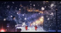 Rule 34 | 1boy, 2girls, black hair, blue eyes, brown hair, car, castle, fence, gate, letterboxed, looking at another, motor vehicle, multiple girls, night, original, outdoors, scenery, short hair, snow, snowing, standing, tree, yomochi (y0m0chi)