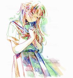 Rule 34 | 1girl, artist name, closed eyes, closed mouth, colorful, cowboy shot, half updo, hatching (texture), highres, long hair, marker (medium), neckerchief, original, own hands clasped, own hands together, pen (medium), pleated skirt, sailor collar, sailor shirt, school uniform, serafuku, shirt, short sleeves, signature, simple background, skirt, solo, standing, tears, traditional media, watanabe tomari, watermark, white background