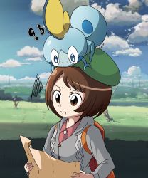 Rule 34 | 1girl, ?, ??, absurdres, bag, brown eyes, brown hair, child, confused, creatures (company), dress, flat chest, game freak, gen 8 pokemon, gloria (pokemon), grey jacket, hat, highres, holding, holding map, jacket, map, map (object), nature, nintendo, on head, outdoors, pink dress, pokemon, pokemon (creature), pokemon on head, pokemon swsh, pout, serious, short hair, sky, sobble, tam o&#039; shanter, tree