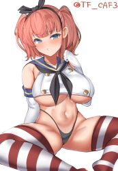 Rule 34 | 1girl, atlanta (kancolle), black hairband, black neckerchief, black panties, blue sailor collar, blush, breasts, brown hair, cameltoe, cosplay, cropped shirt, elbow gloves, gloves, grey eyes, hairband, hand up, highleg, highleg panties, kantai collection, large breasts, looking to the side, medium hair, navel, neckerchief, one-hour drawing challenge, panties, sailor collar, shimakaze (kancolle), shimakaze (kancolle) (cosplay), sitting, solo, spread legs, striped clothes, striped thighhighs, tf cafe, thighhighs, thighs, twitter username, two side up, underboob, underwear, white background, white gloves