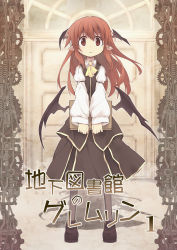 Rule 34 | 1girl, :o, bat wings, book, cover, cover page, dress, full body, gears, head wings, holding, holding book, koakuma, long hair, long sleeves, looking at viewer, low wings, nekoguruma, pantyhose, pointy ears, red eyes, red hair, sleeves past wrists, solo, touhou, v arms, wings