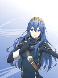 Rule 34 | 1girl, black gloves, blue background, blue eyes, blue hair, closed mouth, fingerless gloves, fire emblem, fire emblem awakening, floating hair, gloves, gradient background, hair between eyes, hairband, highres, long hair, looking at viewer, lucina (fire emblem), nintendo, smile, solo, tim86231, upper body, very long hair, white background, yellow hairband