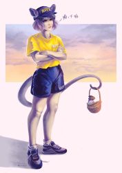 Rule 34 | 1girl, absurdres, alternate costume, animal ears, crossed arms, gym shorts, highres, huge filesize, military, military uniform, mouse ears, mouse tail, nazrin, rylusus, shirt, shoes, shorts, sneakers, t-shirt, tail, touhou, uniform