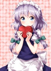 Rule 34 | 1girl, apron, blue dress, blue eyes, blush, bow, braid, commentary request, cowboy shot, dress, frilled apron, frills, green bow, hair between eyes, hair bow, hands up, heart, heart background, highres, holding, holding heart, izayoi sakuya, looking at viewer, maid, maid apron, maid headdress, pink background, plaid, plaid background, puffy short sleeves, puffy sleeves, ruu (tksymkw), shirt, short hair, short sleeves, silver hair, smile, solo, touhou, twin braids, waist apron, white apron, white shirt