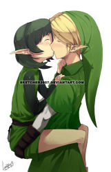 Rule 34 | 1boy, 1girl, 2010, age difference, artist name, ass, ass grab, belt, blonde hair, bob cut, closed eyes, couple, dated, elf, faustsketcher, friends, green hair, hairband, hat, height difference, held up, hetero, kiss, leg lock, link, nintendo, pointy ears, saria (zelda), short hair, standing, standing leg lock, tears, the legend of zelda, the legend of zelda: ocarina of time, tunic, watermark, web address