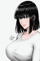 Rule 34 | 1girl, absurdres, black hair, breasts, earrings, fubuki (one-punch man), green eyes, highres, jewelry, large breasts, light smile, lips, looking at viewer, mostlybluewyatt, one-punch man, shirt, short hair, simple background, solo, tight clothes, white shirt