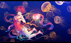 Rule 34 | ahoge, blue eyes, jellyfish, jewelry, kaze-hime, long hair, open mouth, ponytail, red hair, solo, underwater