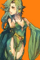 Rule 34 | 1990s (style), 1girl, bad id, bad pixiv id, blush, breasts, cleavage, detached sleeves, earrings, final fantasy, final fantasy iv, green hair, jewelry, leotard, medium breasts, nessie, nessie (kska), orange eyes, retro artstyle, rydia (ff4), simple background, solo, thighhighs