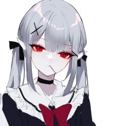 Rule 34 | 1girl, black choker, black shirt, bow, bowtie, chinese commentary, choker, commentary request, hair ornament, head tilt, mouth hold, original, pointy ears, red bow, red bowtie, red eyes, sheya, shirt, silver hair, simple background, solo, twintails, upper body, white background, x hair ornament
